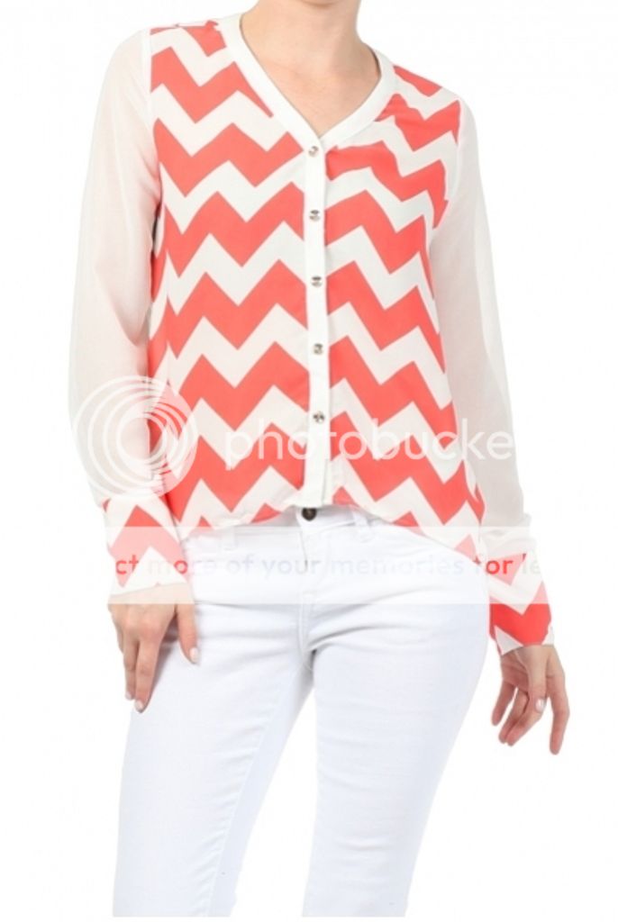 Chiffon Navy Coral Chevron Zig Zag Stripe Long Sleeve Button Top Shirt